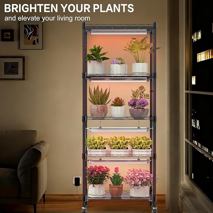 Indoor Greenhouse with Grow Light, 5 Tier 23.2" L×13.3" W×61.3" H Indoor Green House, with 96W Full Spectrum Growing Lamps，Metal Grow Tents for Seed Starting