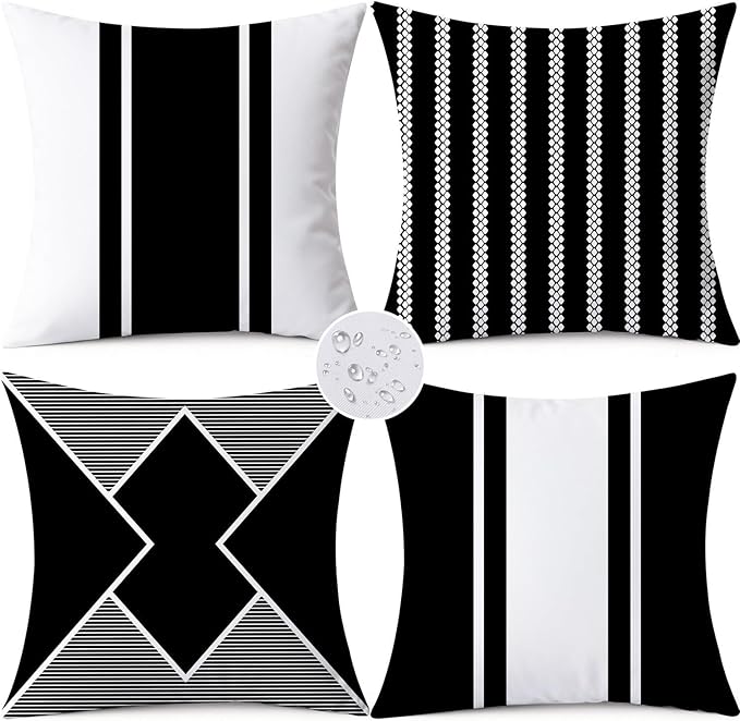 Outdoor Waterproof Throw Pillow Covers 18x18 Set of 4 Black Modern Geometry Decorative Cushion Cases for Patio Furniture Garden Porch Bench Couch Sunbrella