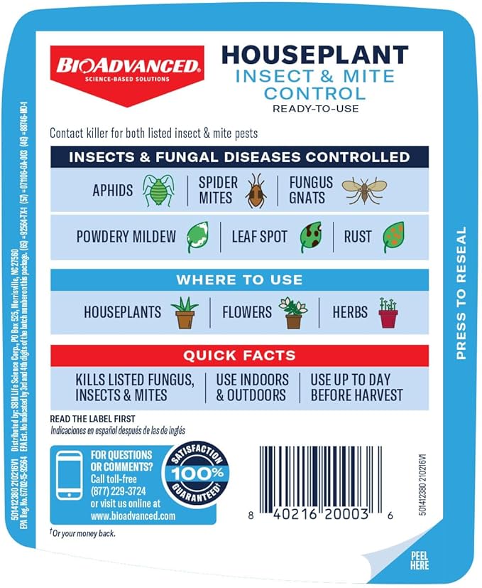BioAdvanced Houseplant Insect and Mite Control Spray - Insecticide, Fungicide & Miticide - Ready-to-Use - Houseplant Insect Control - 24 fl oz Bottle