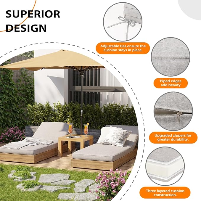 Sundale Outdoor Olefin Chaise Lounge Cushion, Water-Resistant Patio Lounge Chair Cushion, Thick Lounger Pad with 4 Straps Light Gray, 80 x 26 x 4 Inches