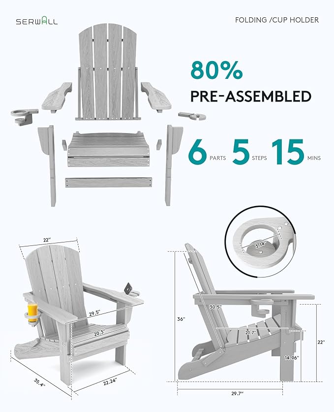 SERWALL Adirondack Chair with Cup Holders - Composite Adirondack Chairs Set of 2 HDPE Outdoor Chairs All Weather Use- Silver Gray