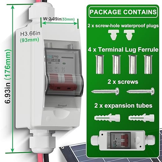 63 Amp Solar Disconnect Switch DC500V Circuit Breaker AC 120V/240V Disconnect Box Outdoor IP65 Waterproof