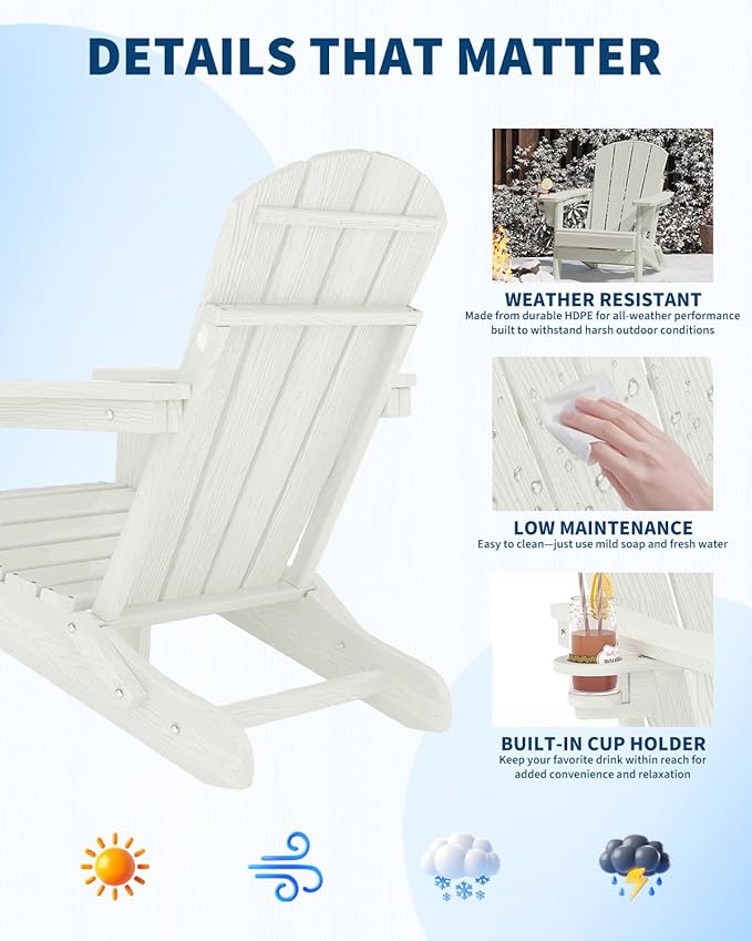 GarveeLife Folding Adirondack Chair, All-Weather HDPE Outdoor Chair, Wooden Textured with Cup Holder for patios, Decks, Gardens, fire pits, White