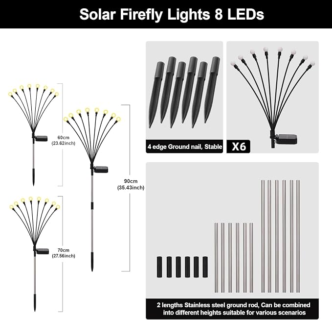 Solar Firefly Lights Warm White, 8 Modes 800mAh Swaying Firefly Yard Lights Solar Powered Outdoor Waterproof for Outside Yard Patio Lawn Pathway Walkway Stake Christmas Garden Decor (6 Pack)