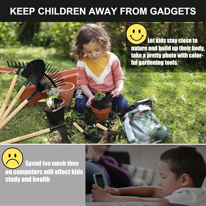 Kids Rake and Shovel Sets, 7PCS Child Metal Gardening Tools for Real Digging-Great for Garden, Yard, Sandbox, Lawn, Camping Play, Outdoor Toys for Ages 2-4, 5-7 Years Old