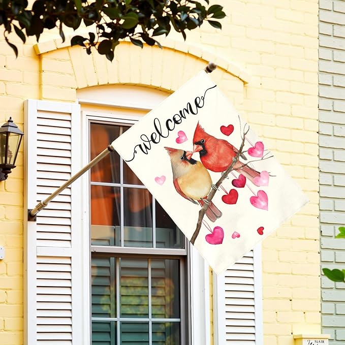 Welcome Valentine's Day Garden Flag Cardinal Love Heart Vertical Double Sided House Banner Holiday Anniversary Wedding Red Birds Large Yard Flags Farmhouse Valentines Day Decor 28 x 40 Inch