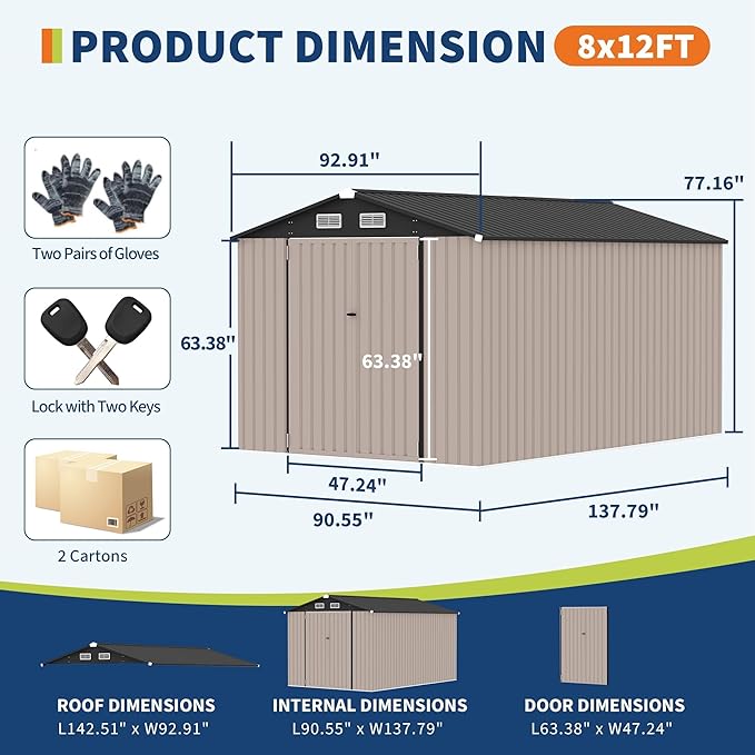 8x12 FT Outdoor Storage Shed, Heavy-Duty Waterproof Metal Tool Storage Shed with Lockable Door, Vents and Sloped Roof for Backyard, Patio