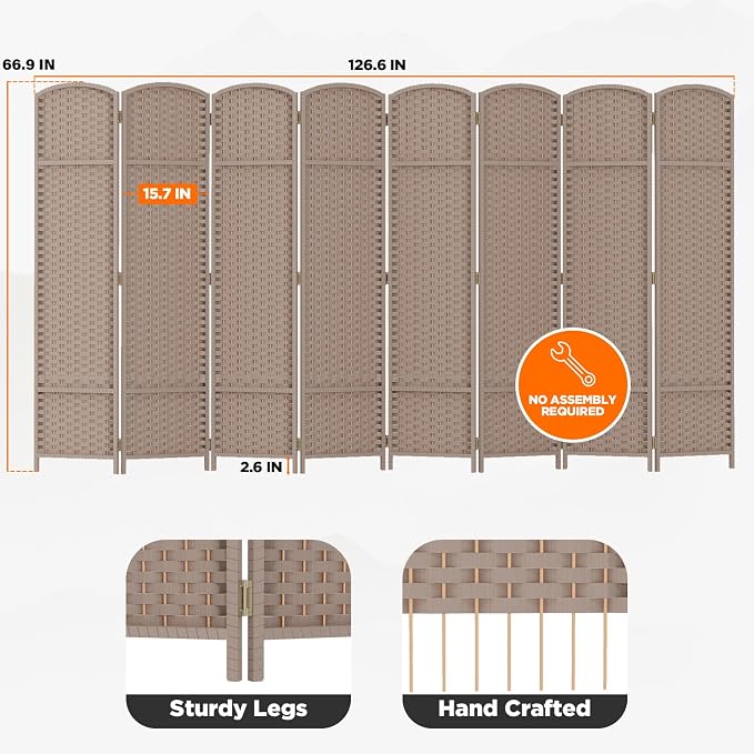 Room Divider 8 Panel Screen 5.6 Ft Tall Partition Room Dividers Beige Privacy Screens Folding Room Separation Free Standing Waterproof Wood Frame Wall Divider