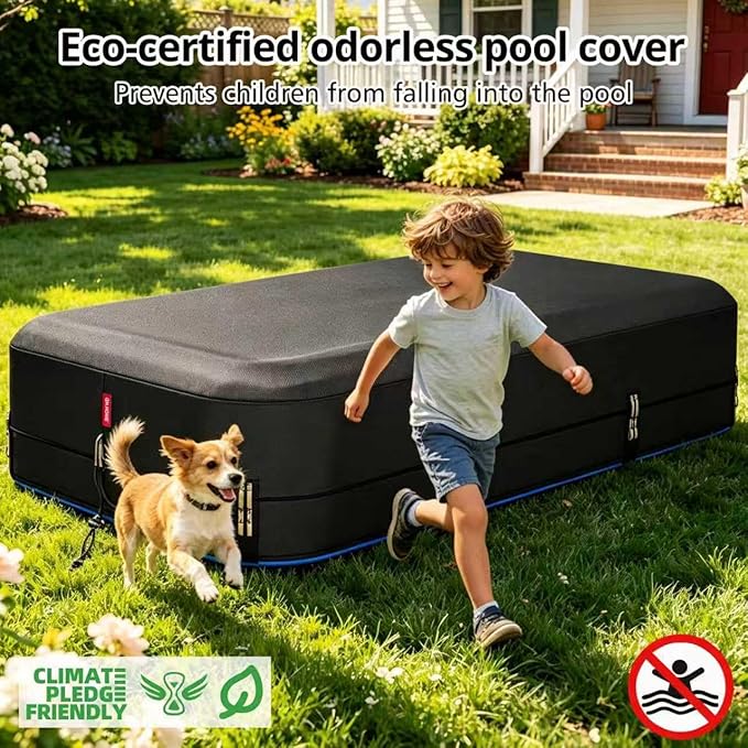 QH.HOME 90"x60" Rectangular Pool Cover for Inflatable Pool,Black Oxford Fabric Heats Water, Blocks Leaves & Sun, Windproof Snug Fit with Patented Ratchet & Weight Rings