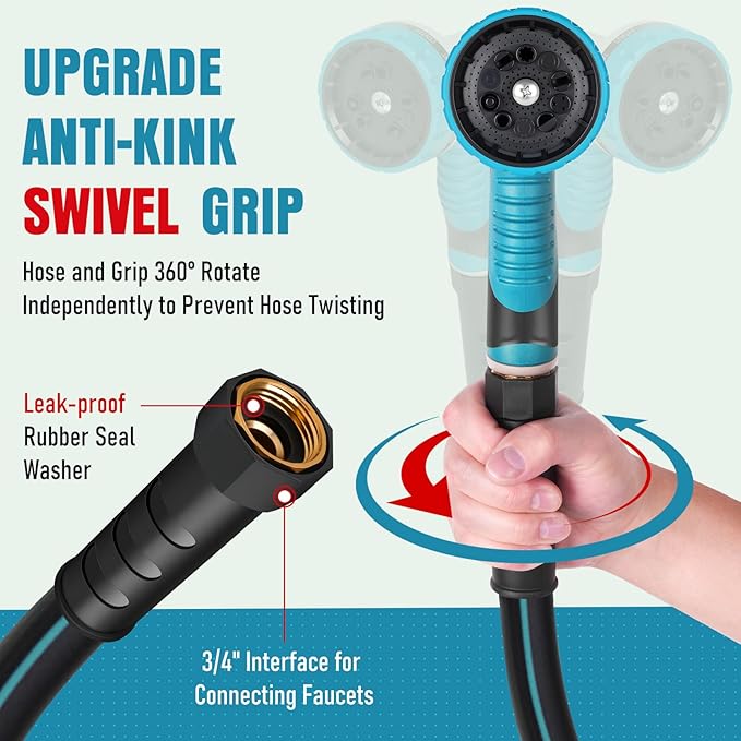 Heavy Duty Garden Hose 50 ft, NON-EXPANDABLE Water Hose with 10 Function Spray Nozzle, Lightweight Kink-less Hybrid Hose with Swivel Handle, Male to Female Fittings