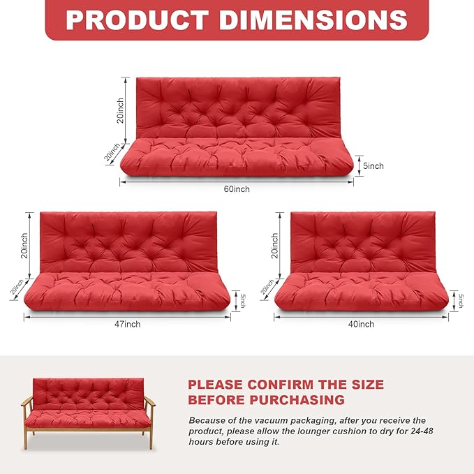 Porch Swing Cushions,Outdoor Cushions 3 Seater Replacement with Backrest, Waterproof Thickened Bench Cushion with Ties for Porch, Patio,Outdoor, Backyard and Garden (Red 60 * 40 in)