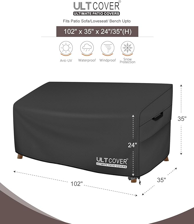 ULTCOVER Patio Furniture Sofa Cover 102W x 35D x 35H inch Waterproof Outdoor 4-Seater Couch Cover, Black