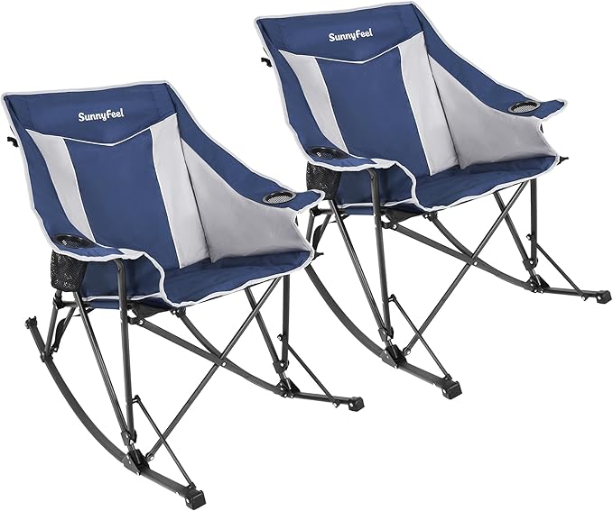 SUNNYFEEL Oversized Folding Rocking Camping Chair 2 Pack Fully Padded Patio Chair Blue Portable Outdoor Rocker High Back Portable Lawn Recliner with Side Pocket Camp Rocker Chairs Heavy Duty 500 LBS