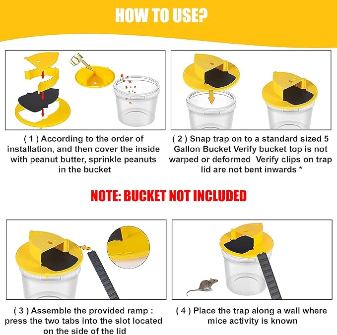 Pack 2 Bucket Lid Mouse Rat Trap, Mouse Catching Tool, Trap Door Style, Multi Catch, Auto Reset, Indoor Outdoor, 5 Gallon Bucket Compatible (Yellow)