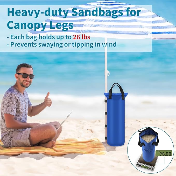 4 Sand Bags for Weight, Heavy Duty Sandbags for Canopy Legs, Extra Large Pop Up Tent Weights, Canopy Weight Bags for Gazebo, Outdoor Sun Shelter, Umbrella - Blue, 6"×20", Without Sand