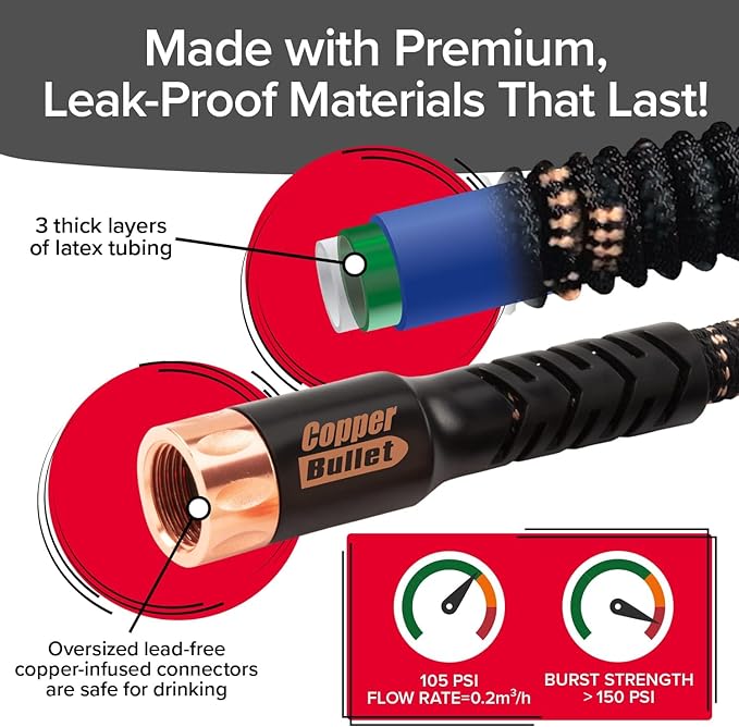 Pocket Hose 100 FT Copper Bullet Expandable Garden Hose w/10 Pattern Thumb Spray Nozzle AS SEEN ON TV 650psi 3/4 in Patented Lead-Free Ultra-Lightweight Solid Copper Anodized Aluminum