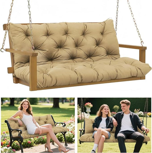 Porch Swing Cushions 60x40 Inch, 5" Extra Thick Waterproof Outdoor Swing Seat Cushion with Backrest & 8 Non-Slip Ties PP Cotton + Memory Foam Fill, Fade-Resistant 3-Seater Replacement for Patio Bench