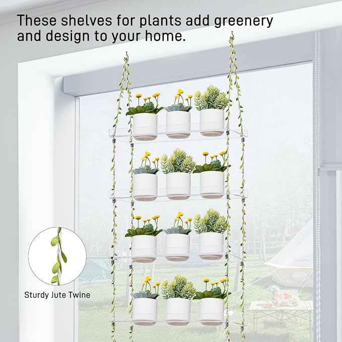 Sumerflos Acrylic Window Boxes Window Plant Shelves 4 Tier - Clear Hanging Shelf Indoor Jute Twine Adjustable Plant Holder for Window Wall Living Room Balcony Natural