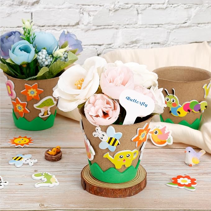 Ayfjovs 80 Pack Garden Paper Pot Craft Kit, Spring Crafts for Kids Bulk-80 Pack Paper Peat Pots with 300PCS Adhesive Foam Stickers and 80pcs Labels for Kids Science, Garden Gift, Classroom Decoration