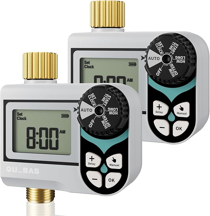 QUOBAS 2 Pack Low Pressure Water Timer, Programmable Sprinkler Timer with Brass Inlet & Outlet for Rain Barrel, Garden Hose, with Ball Valve & Waterproof Screen, Rain Delay/Manual/Auto Modes