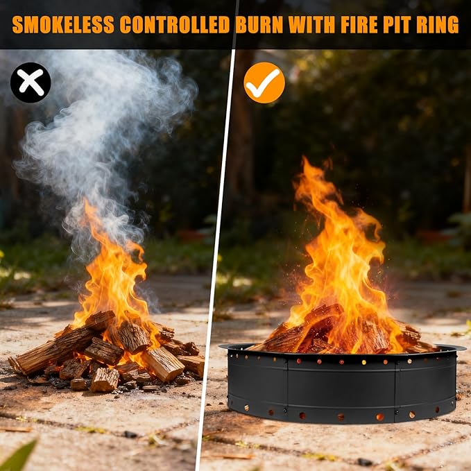Fire Pit Ring, 31 Inch Round Steel Firepit, Black, Powder Coated, Wood Burning, Air Vent for Efficient Burning