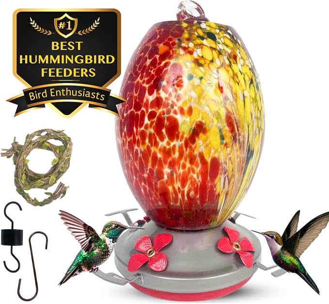 Nature Gear Glass Hummingbird Feeder for Outdoors, Hanging Bird Feeder with Ant Moat, Hand-Blown Glass Garden Feeder, Easy Clean Wide Mouth, Rust Resistant, 38 oz, Volcano Red