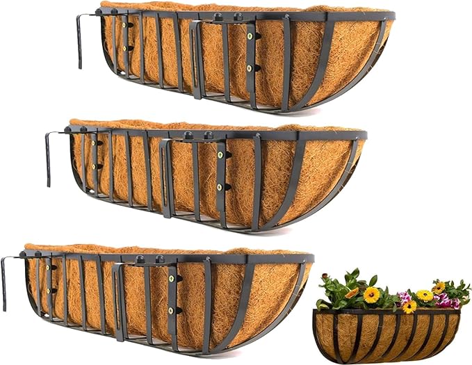30 Inch Window Box Planters 3 Pack with Coco Liners, Rustproof Metal Hanging Flower Boxes for Outdoor Railing, Fence and Window Sill （3 Pack）