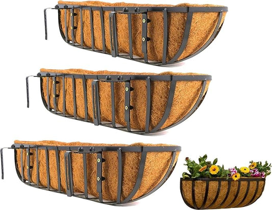 24 Inch Window Box Planters 3 Pack with Coco Liners, Rustproof Metal Hanging Flower Boxes for Outdoor Railing, Fence and Window Sill （3 Pack）