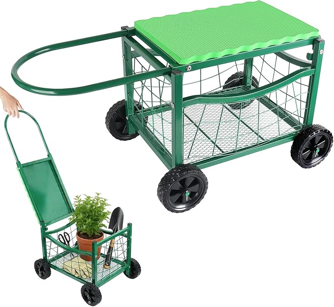 Rolling Garden Workseat with Wheels, Metal Frame Gardenning Stools with Padded Cushion,Hold 150Kgs