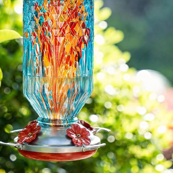 Hand Blown Glass Hummingbird Feeder for Outdoors Hanging Round Chaning Color 32 OZ Large Humming Birds Feeders with Accessories Gift for Women Mom (Blue)