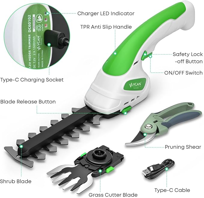 7.2V Hedge Trimmer Cordless | 2-in-1 Handheld Electric Shrub Trimmer & Grass Shear with Pruning Shears | 3.0Ah Lightweight Rechargeable Battery Powered for Garden, Yard, Lawn