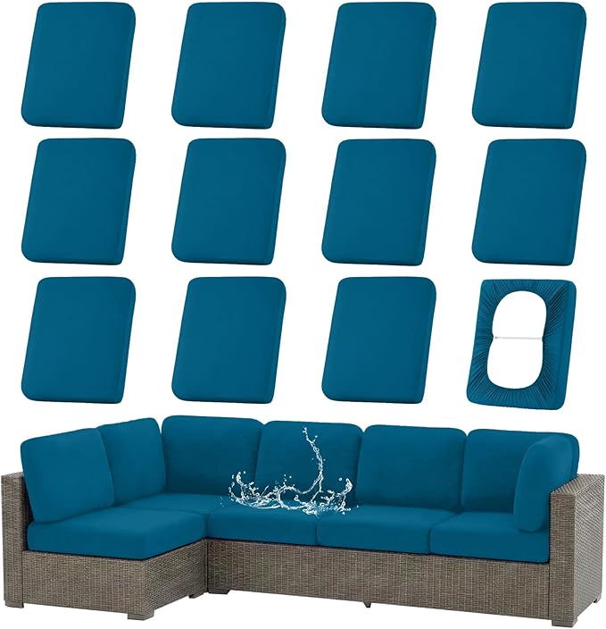 hyha Waterproof Outdoor Cushion Covers for Patio Furniture, Stretch Patio Chair Cushion Slipcovers, Coated UV Resistant Replacement Seat Covers, Solid Color (Peacock Blue, 12PC)