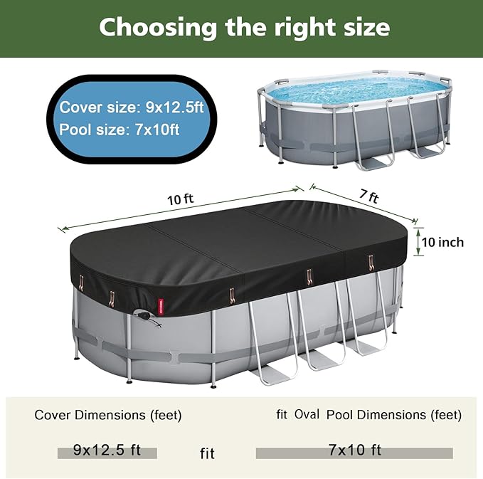 QH.HOME 7x10ft Oval Pool Cover,[Ultimate Windproof & Tear-Resistant Fabric],Snug Fit with Patented Ratchet & Weight Rings,Solar Pool Cover for Above Ground Pools, Blocks Leaves &Waterproof