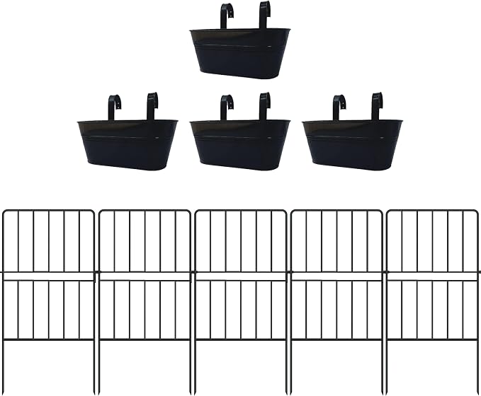 LaLaGreen Bundle- 4 Pack, 11.2 Inch Black Metal Pot + 10 Pack, 24 Inch Garden Fence Rustproof Landscape No Dig Edging Hanging Flower Pot Bucket Fence Rail Deck Window Box Plant Holder with Hook Decor