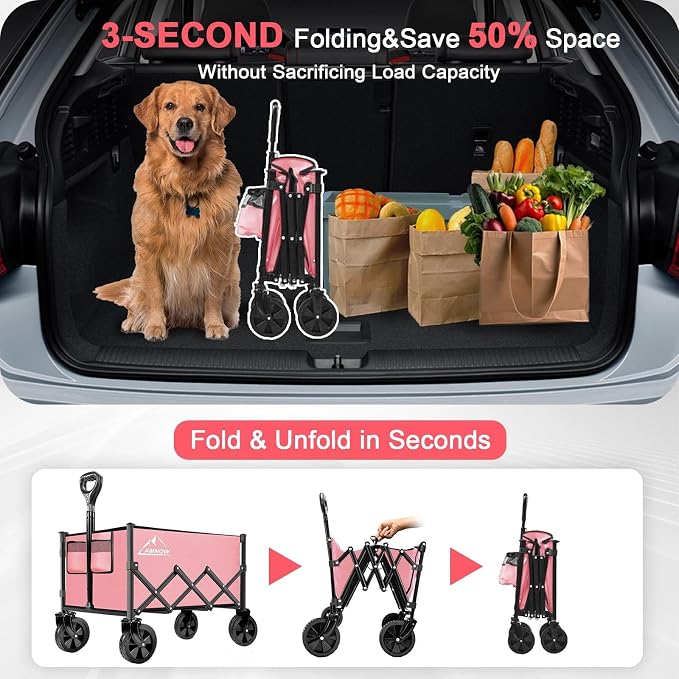 Collapsible Folding Wagon Cart, 350LBS Utility Large Capacity Cart Foldable Wagon with All Terrain Wheels, Grocery Wagons Carts for Garden Shopping Sports Camping, Light Pink