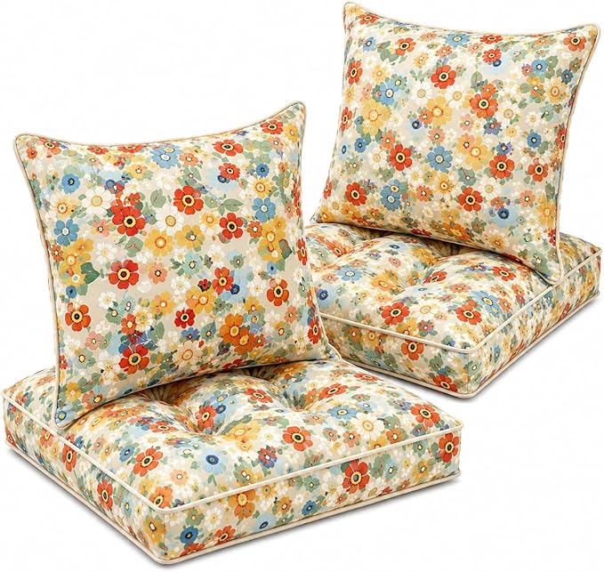 22x22 Waterproof Outdoor Chair Cushions Set of 2, Patio Cushions for Outdoor Furniture Water-Resistant & Fade-Resistant, Deep Seat & Back Cushion for Wicker Sofa (Daisy)