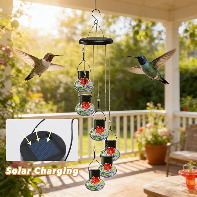 Solar-Powered Hummingbird Feeder with Wind Chime Elegance – 6 Leak-Proof Glass Ports, Frosted Design & Blue Green Night Lights – Perfect Outdoor Gift for Nature Enthusiasts