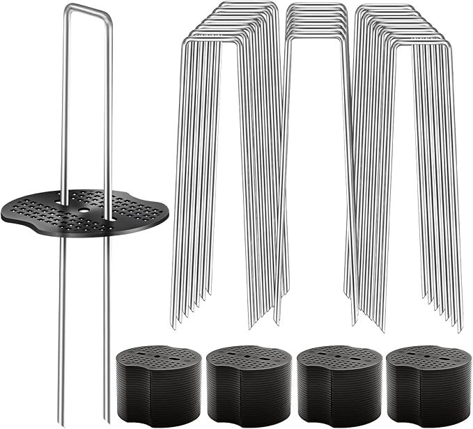 100 Pcs Garden Stakes Landscape Staples Set, 6 Inch 11 Gauge Heavy Duty Galvanized 50 U-Shaped Pins with 50 Gaskets for Weed Barrier Fabric, Grass Sod, Artificial Turf & Yard Landscaping