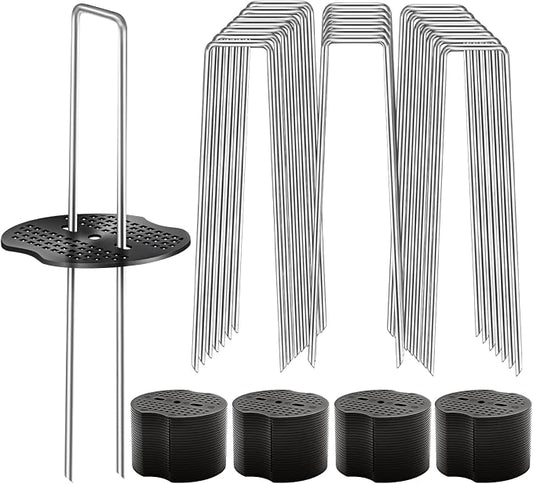 100 Pcs Garden Stakes Landscape Staples Set, 6 Inch 11 Gauge Heavy Duty Galvanized 50 U-Shaped Pins with 50 Gaskets for Weed Barrier Fabric, Grass Sod, Artificial Turf & Yard Landscaping