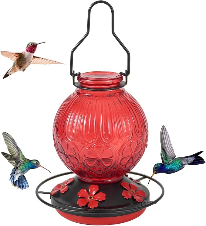 Glass Hummingbird Feeders for Outdoors Hanging, 23Oz Humming Bird Nectar Feeders with Perch, 5 Flower Feeding Ports, Leak Proof Base and Hook for Garden Decor, Gifts for Mom Women (Red)