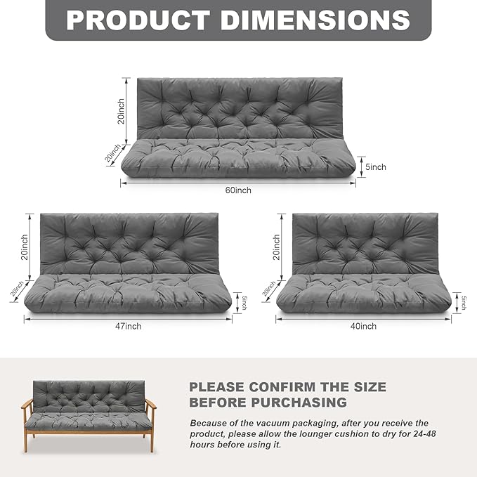 Porch Swing Cushions,Outdoor Cushions 3 Seater Replacement with Backrest, Waterproof Thickened Bench Cushion with Ties for Porch, Patio,Outdoor, Backyard and Garden (Light Gray 60 * 40 in)