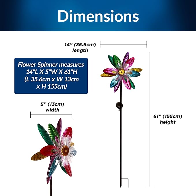 Alpine Corporation IHD144SLR Solar Flower Spinner Garden Stake with Fiber Optic LED Center, Metal Wind Spinner Yard Decor, Outdoor Solar Powered Lawn & Patio Decoration