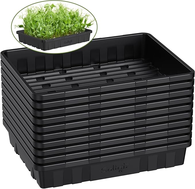 SOLIGT Extra Thick Heavy Duty 10 Pack Seed Starting Trays with Soil Blocker - Microgreens Growing Trays Seedling Plant Germination Starter Tray Transplant Fodder Flats, No Holes, No Leakage