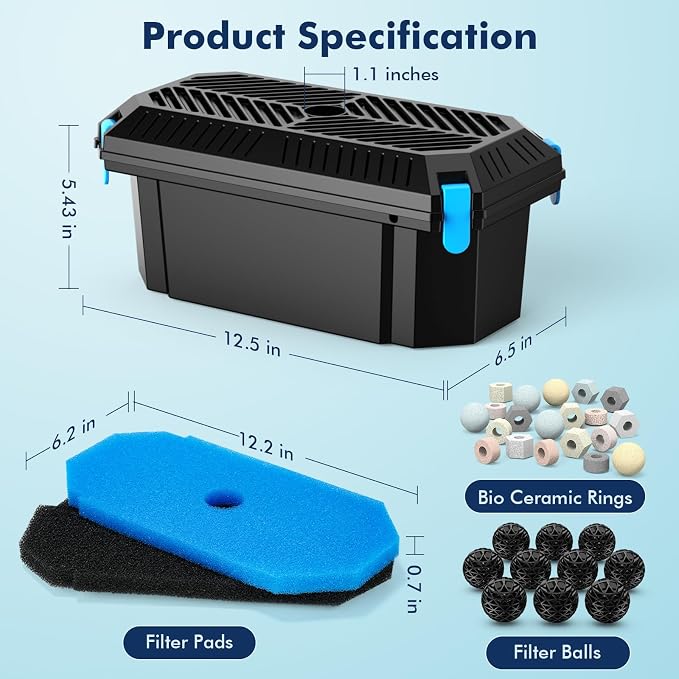 POPOSOAP Pond Filter for Outdoor Ponds, Filter Box with 2 Filter Pads and 20 Bio-Balls for Outdoor Pond Pump Submersible Fountain Pump