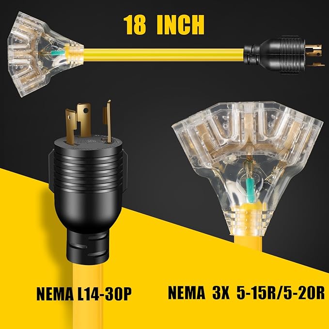30 Amp to 110 Outdoor Generator Adapter Power Cord, 3 Prong Locking 30 Amp to 15 Amp Generator Cord, NEMA L5-30P Male to 3X 5-20R Female with Lighted End, 1.5FT
