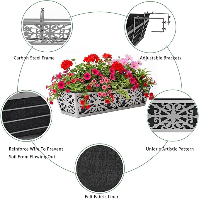 2 Pack 24 Inch Window Boxes Planter for Outdoor Plants Deck Railing Planters Box with Adjustable Brackets for Porch Fence Balcony Hanging Flower Baskets with Non-Woven Fabric Liner for Garden Decor