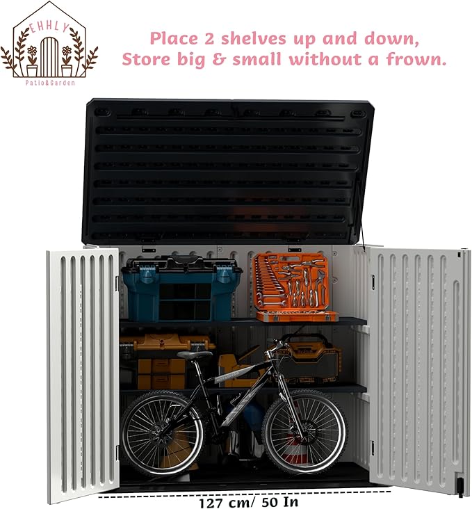 EHHLY 35 Cuft Outdoor Storage Shed Shelf(2 Shelves ONLY, No Cabinet), Outdoor Storage Cabinet Shelves for 4x2.5 Ft Shed, Horizontal Resin Storage Shed Accessories, Dark Grey