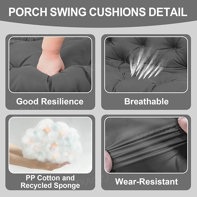 Porch Swing Cushions with Backrest Thicken 5" Outdoor Swing Cushions Waterproof Swing Bench Cushions for Outdoor Furniture Patio Backyard Lawn 2-3 Seater Replacement Cushions (Gray)