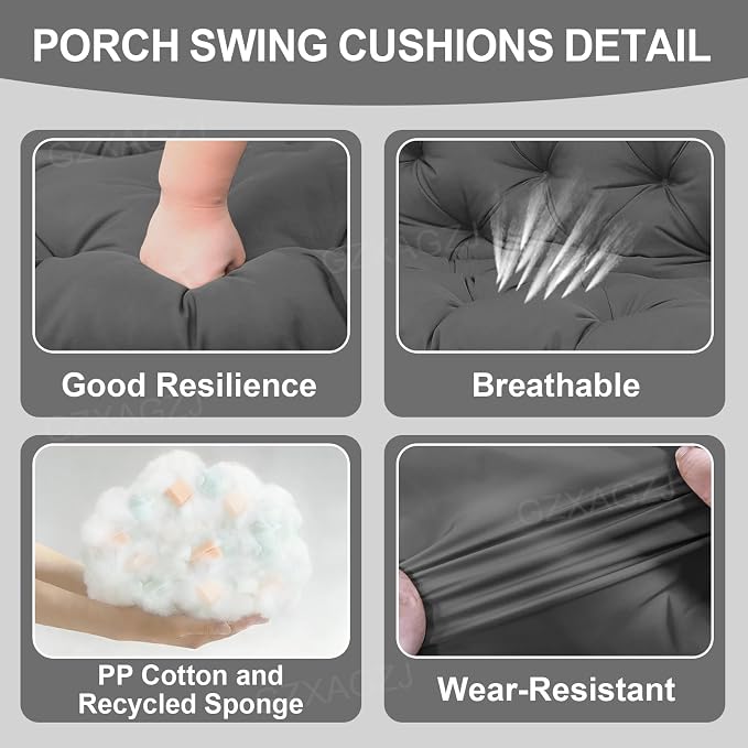 Porch Swing Cushions Outdoor 40x40 inch Waterproof Extra Thick 5" Swing Cushions Replacement with Backrest and Ties for Outdoor Furniture Porch Patio Garden Lawn (Gray)