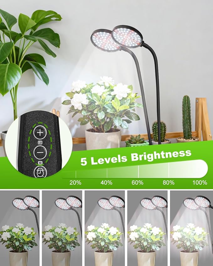 Grow Lights for Indoor Plants Full Spectrum, Clip On Plant Light with Timer 4/8/12/18H, Adjustable Gooseneck, 5 Dimming Levels, LED Grow Lamp for Houseplants